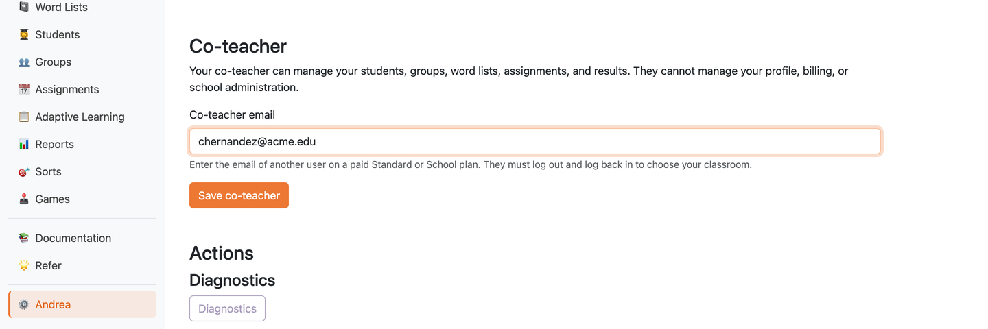 The Co-teacher section of the Profile page with a colleague's email entered