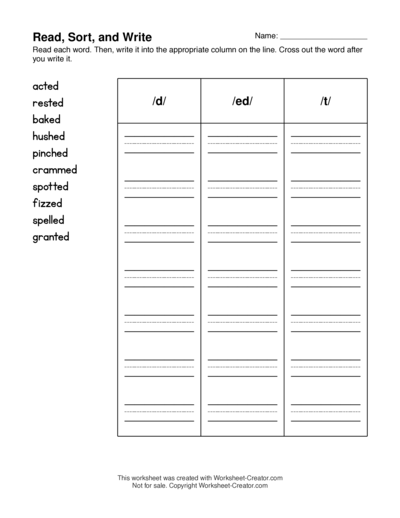 Read Sort Write worksheet example with /d/, /ed/, and /t/ columns