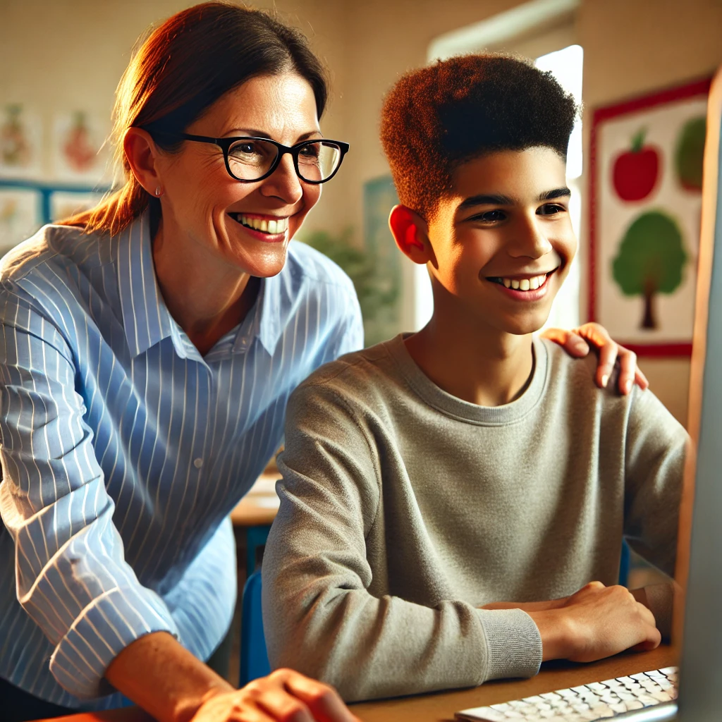 An intervention specialist teacher working with a student in front of a computer