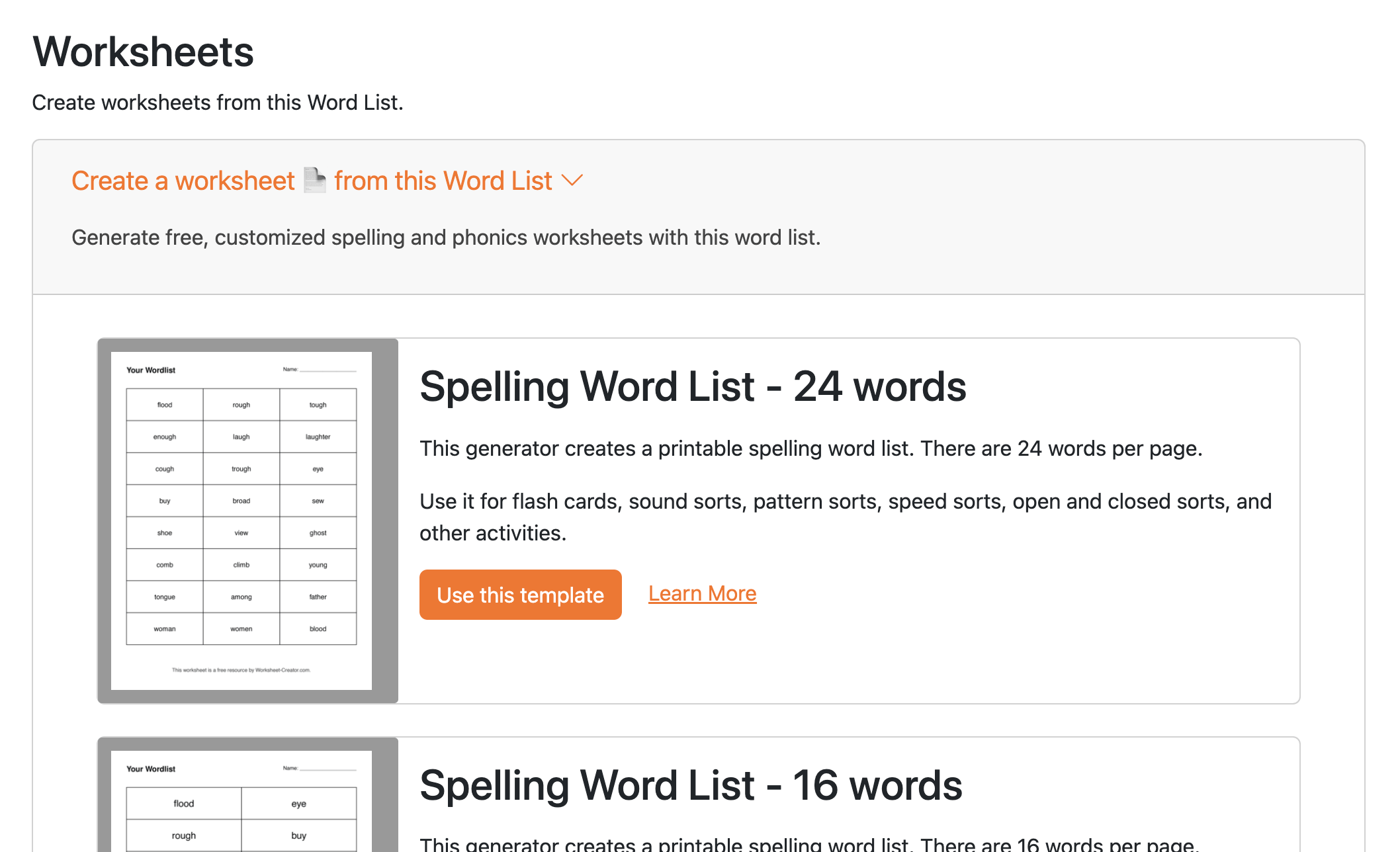 Worksheet Creator is tightly integrated with Spelling Test Buddy