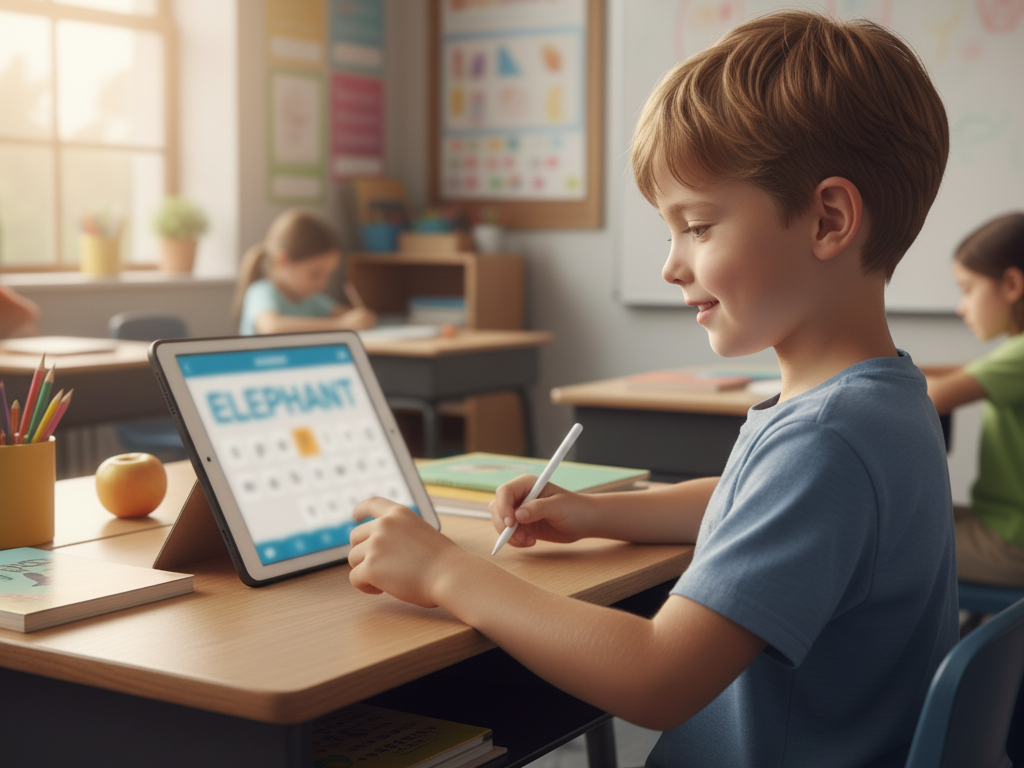 Middle school students practicing spelling in the classroom