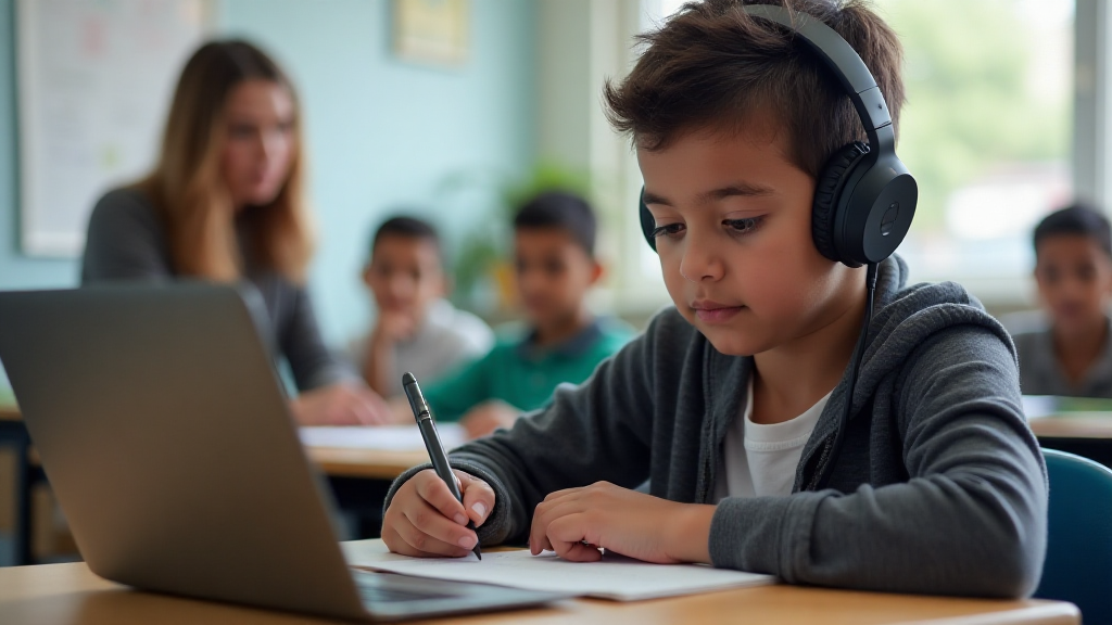 A student taking an audio spelling test created with a spelling test generator