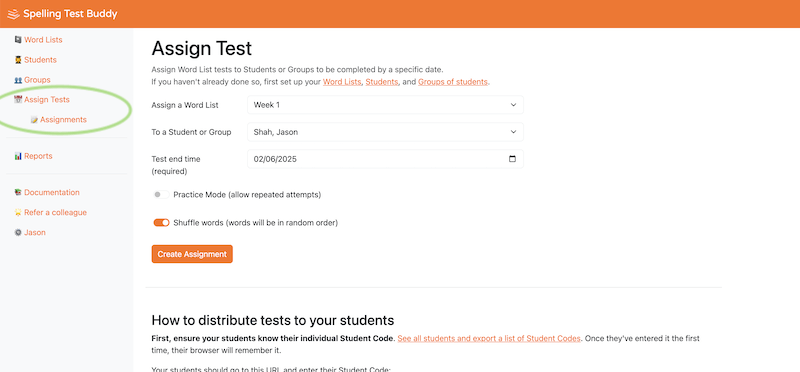 Assign Tests page