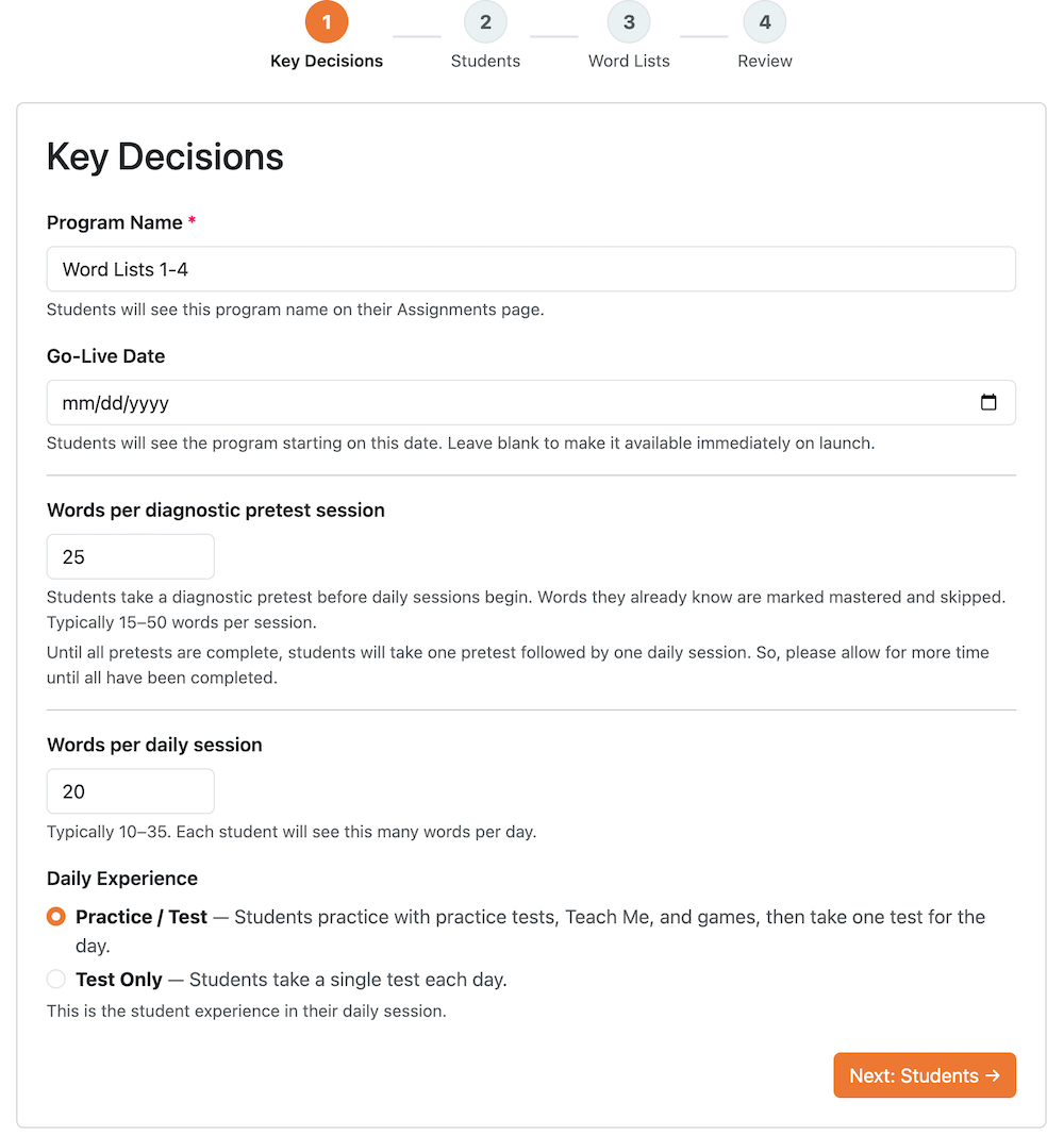 First page of setup for Adaptive Learning Programs