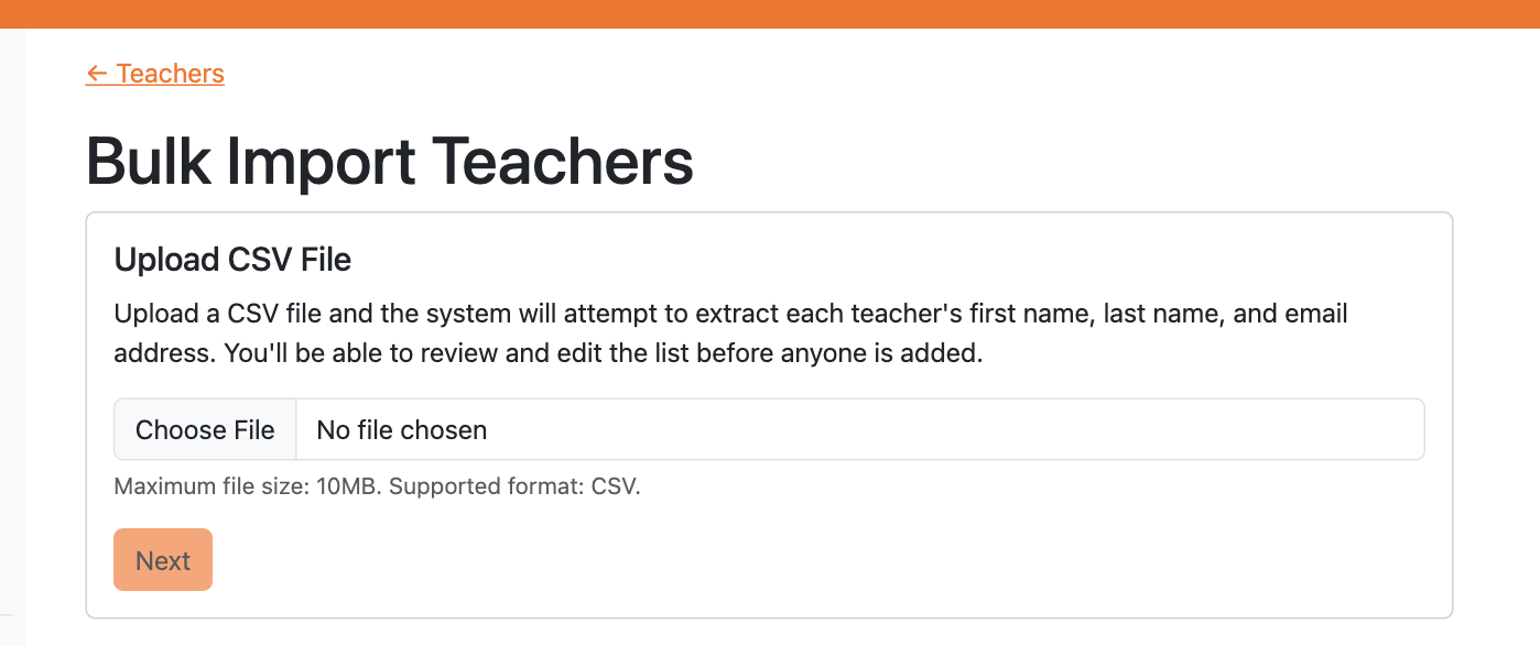 Uploading a CSV file of teachers