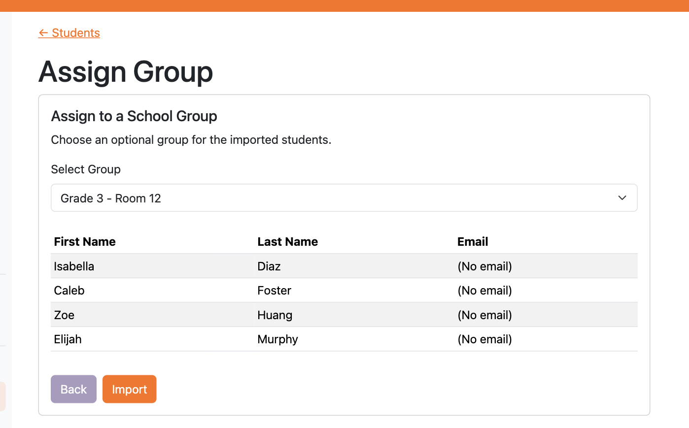 Choosing a group for the imported students