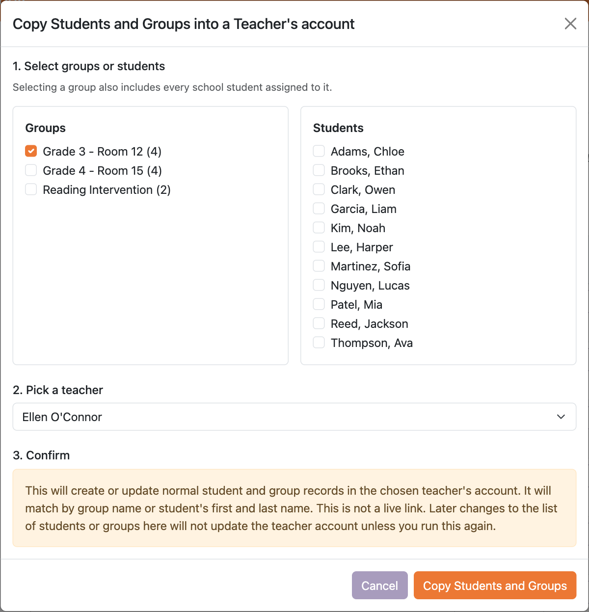 Copying a group into a teacher's account