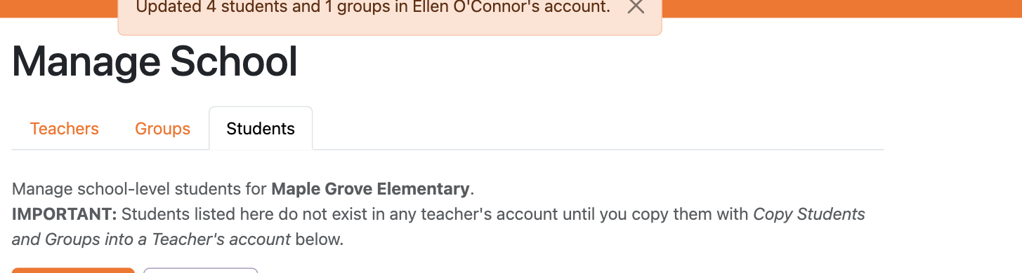 Confirmation after copying students and groups