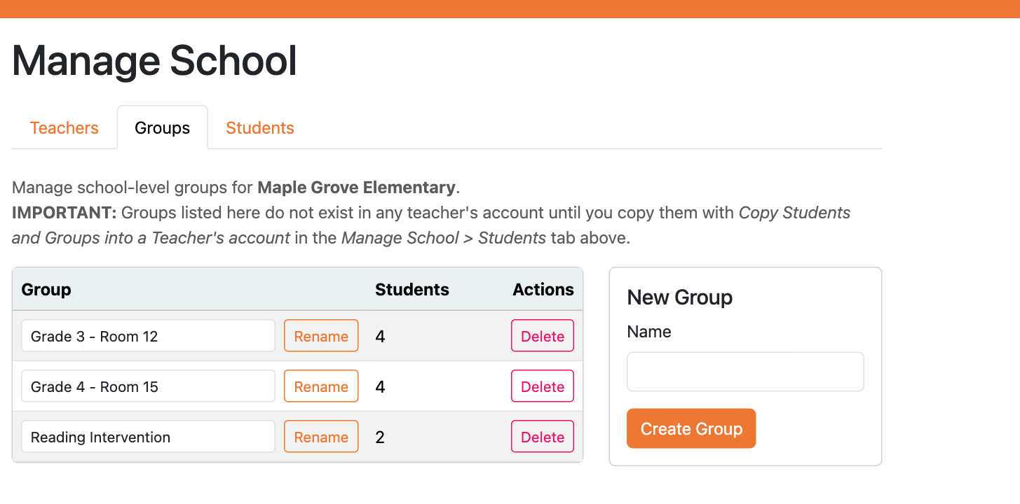 The Groups tab in Manage School