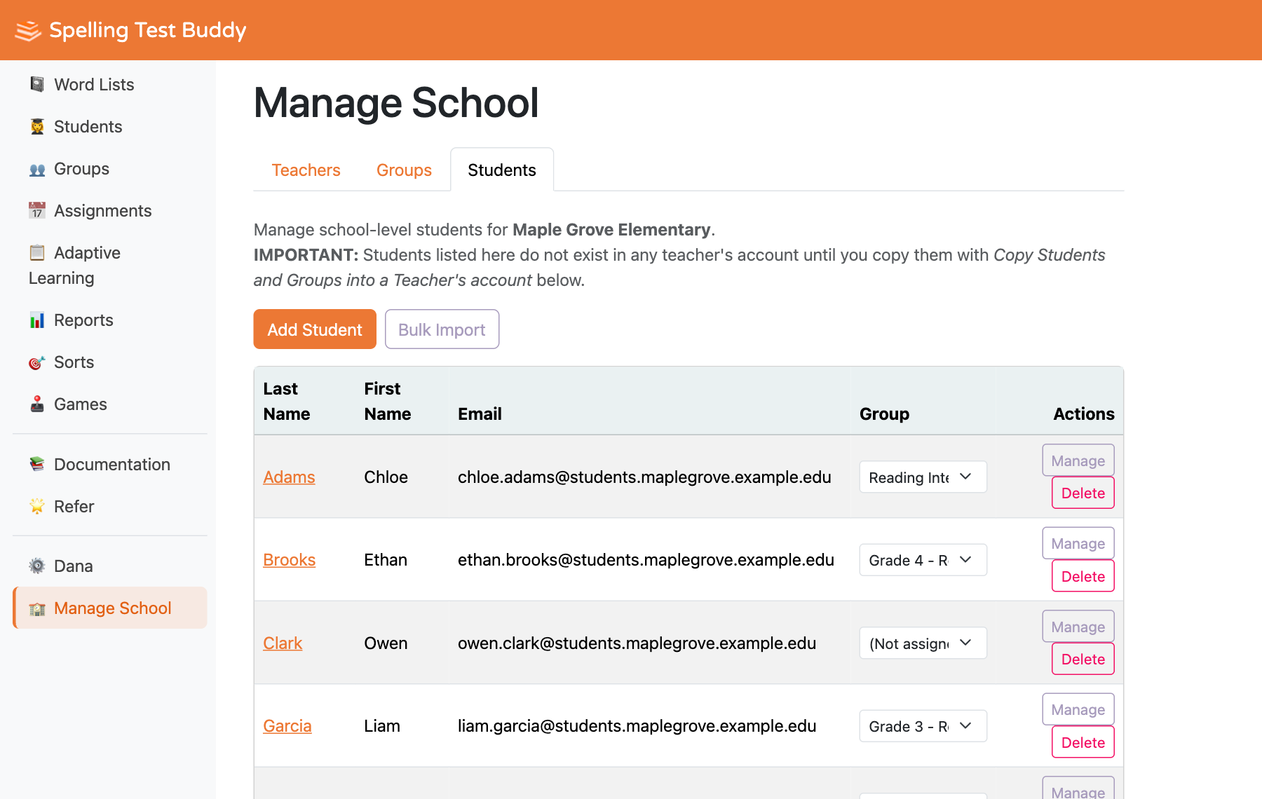 The Students tab in Manage School