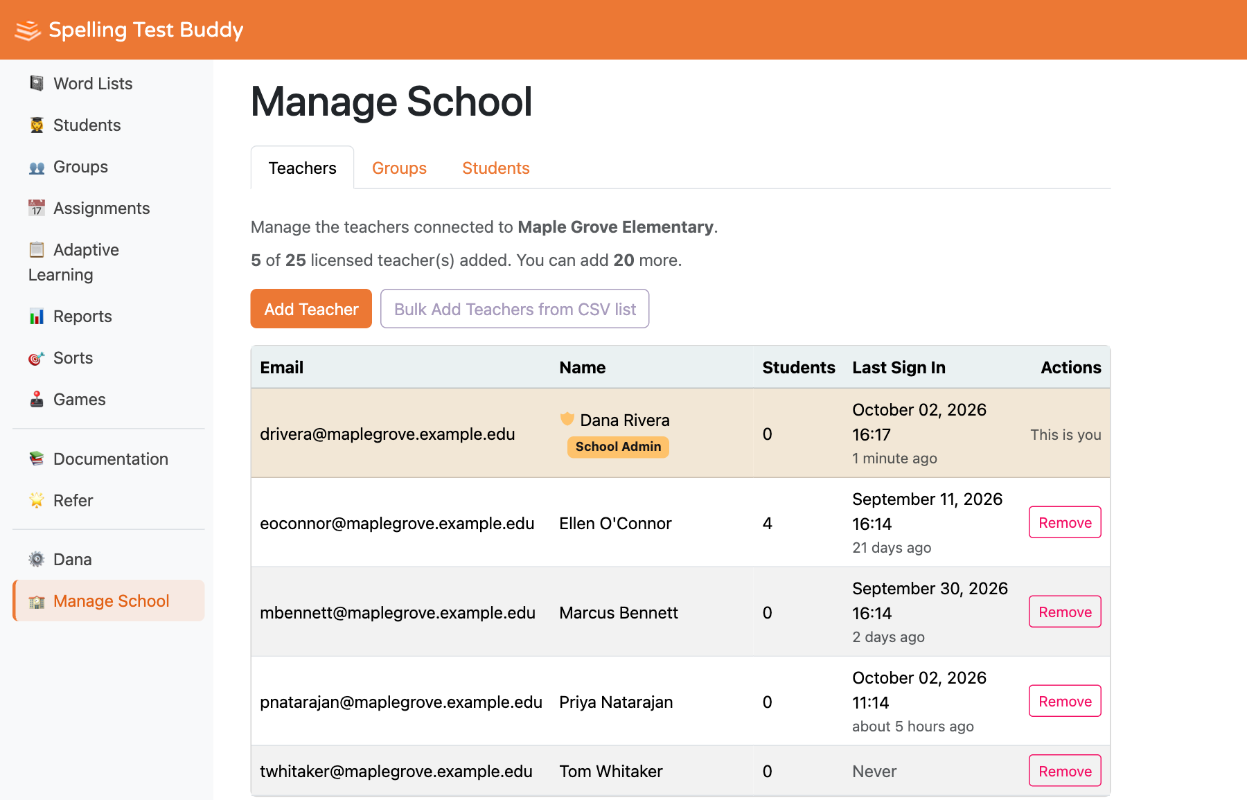 The Manage School page, showing the Teachers tab