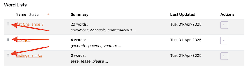 Drag Handles next to each word list