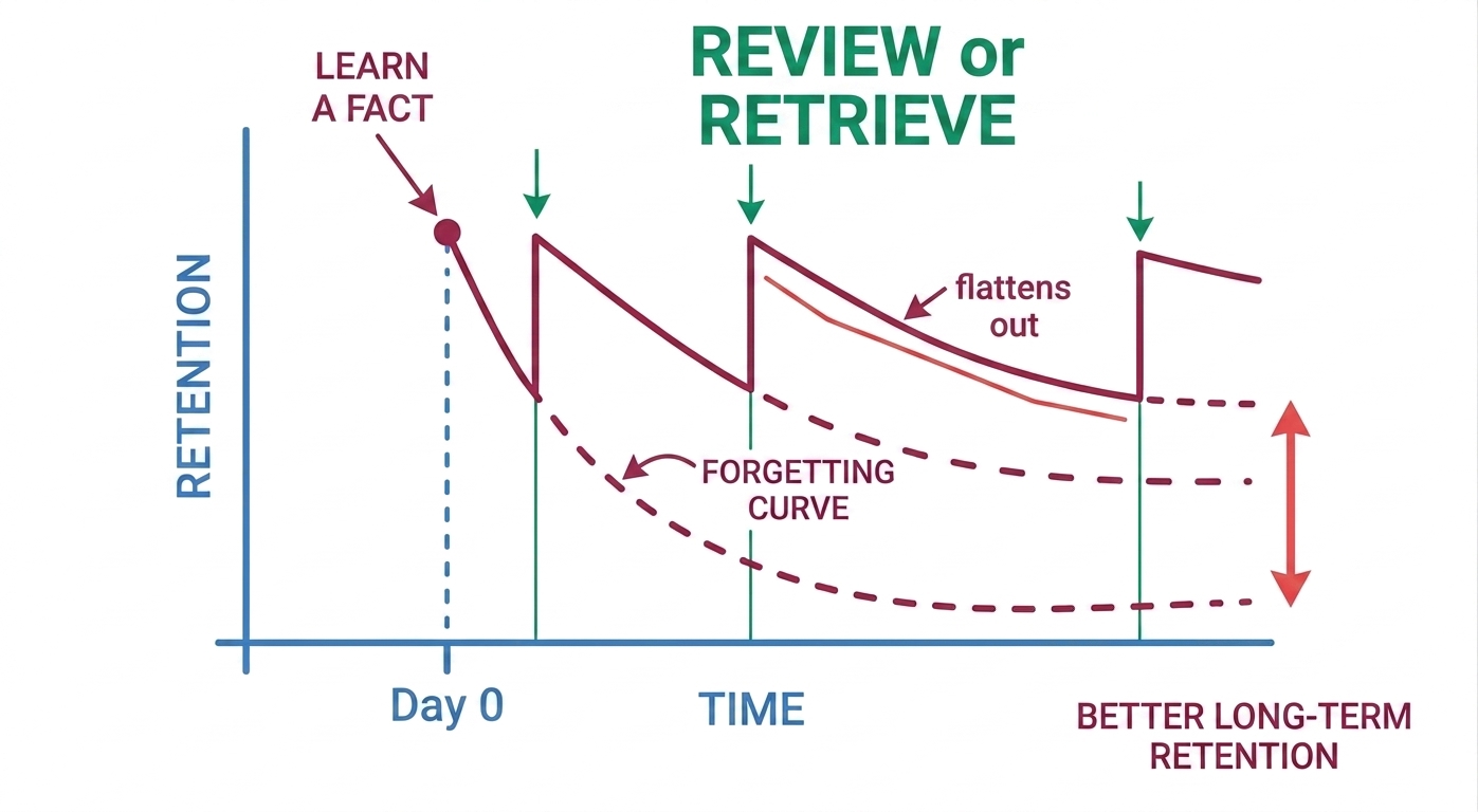 Ebbinghaus forgetting curve showing memory retention declining over time