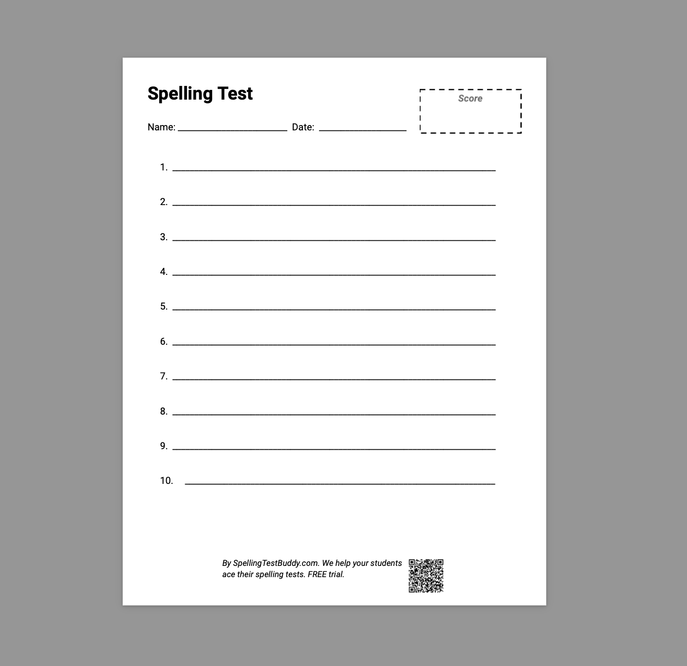 Spelling Test Paper - 10 words
