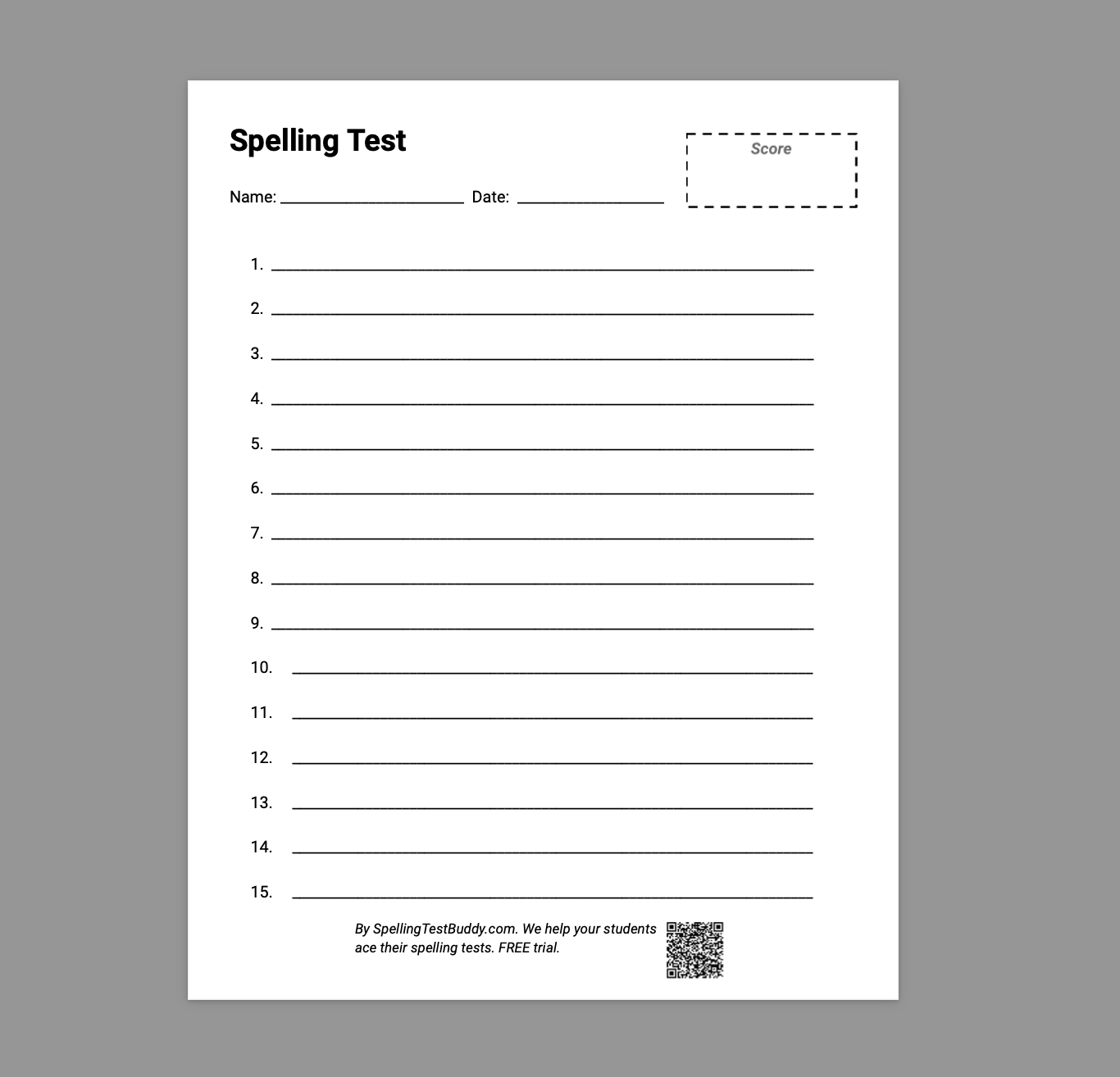 Spelling Test Paper - 15 words