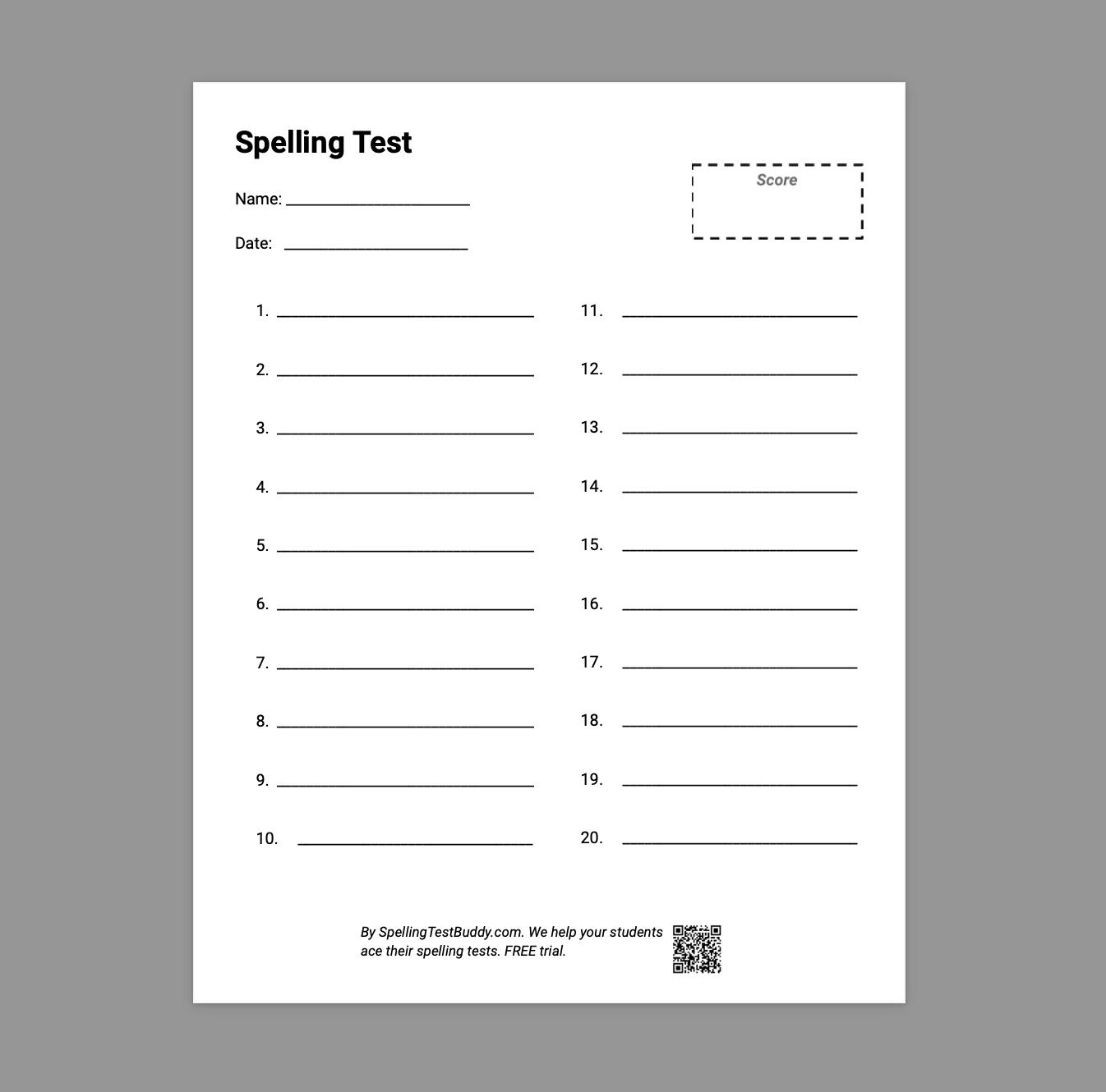 Spelling Test Paper - 20 words
