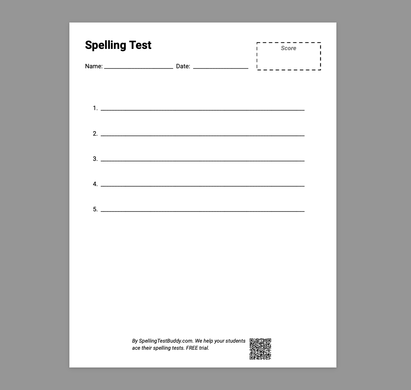 Spelling Test Paper - 5 words