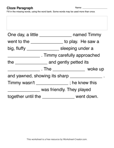 Cloze Worksheet for up to 10 words